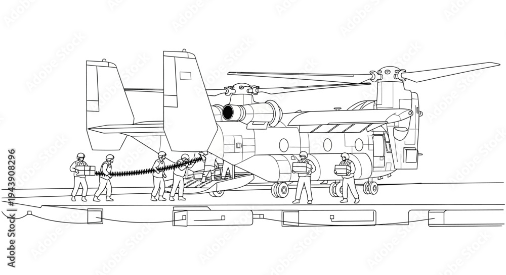 Fototapeta premium Military Helicopter Loading Cargo with Ground Crew Assistance