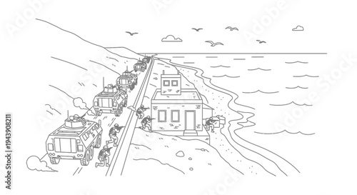 Military Convoy Patrols Coastal Road Near Building and Ocean