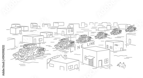 Military convoy in urban warfare, armored vehicles advancing through destroyed city streets