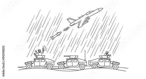 Military convoy under aerial attack during a storm, fighter jet launches missile