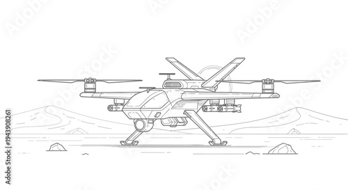 Military Drone on Desert Ground, Surveillance Unmanned Aerial Vehicle Line Art