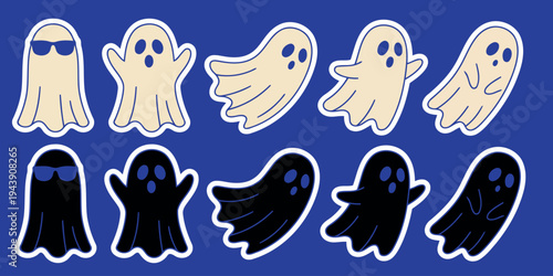 Five cartoon ghosts in various poses with a cool demeanor on color background