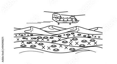 Military helicopter flies over desert landscape with minefield