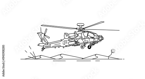 Military Helicopter in Flight Over Desert Landscape, Line Art Illustration