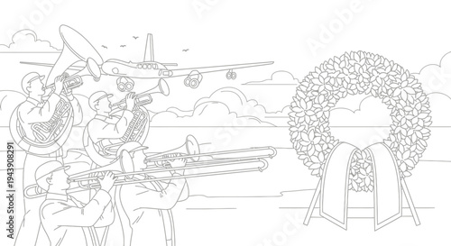 Military Funeral Wreath and Brass Band with Airplane Landing