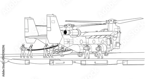 Military Helicopter Loading Cargo with Ground Crew Assistance