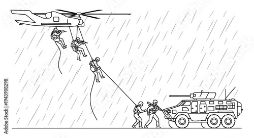 Military helicopter rappels soldiers and vehicle in heavy rain, tactical operation