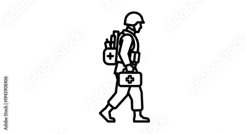 Military Medic Walking with First Aid Kit and Backpack, Medical Support