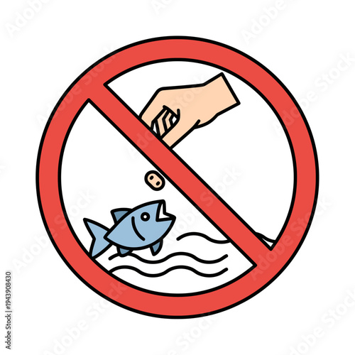 No Feeding Fish Sign Prohibiting Hand Dropping Food into Water