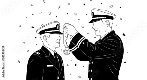 Military Officer Awarded Medal in Confetti Shower - Black and White Illustration