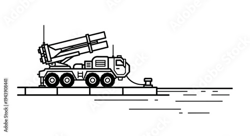 Military missile launcher truck on a pier, ready for action, strategic defense
