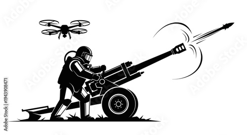 Soldier with futuristic suit and drone firing cannon, modern warfare concept