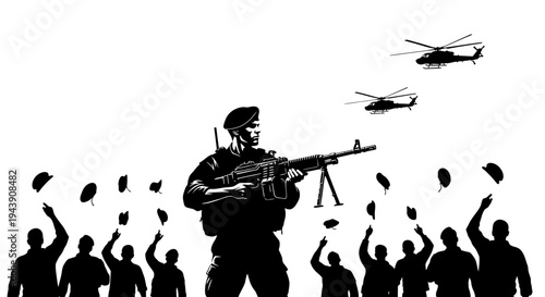 Soldier with Machine Gun and Helicopters, Crowd Cheering with Hats Thrown in Air