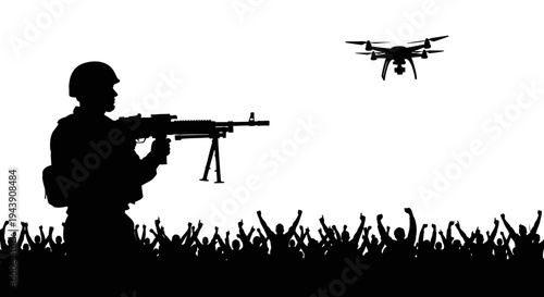 Soldier with Machine Gun and Drone Over Crowd, Silhouette of Military and Surveillance Technology