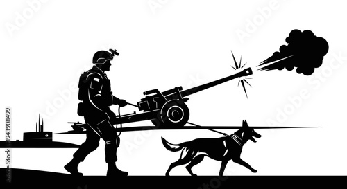 Soldier with Military Dog and Firing Cannon Silhouette