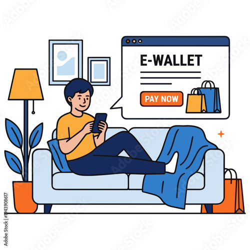 Man using e-wallet on phone while sitting on couch at home