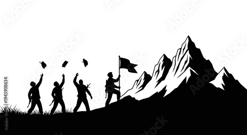 Soldiers Celebrate Victory on Mountain Summit with Flag, Symbolizing Achievement and Success