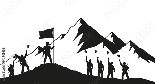 Soldiers Celebrate Victory on Mountain Peak with Flag, Throwing Hats in the Air