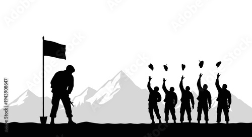 Soldiers Celebrate Victory Raising Hats, Flagpole and Mountains Background