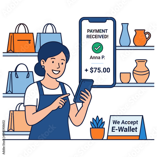 Woman receives payment on phone in store with e-wallet and bags