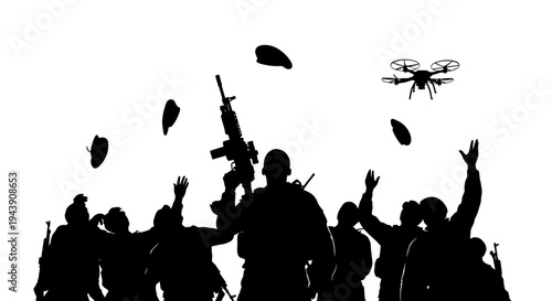 Soldiers Celebrate Victory with Drone and Raised Arms Silhouette