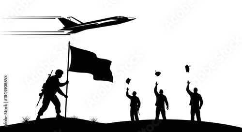 Soldiers Celebrate Victory with Jet Flyover and Flag Raising