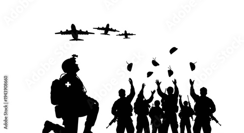 Soldiers Celebrating Victory with Parachuting Supplies and Airplanes