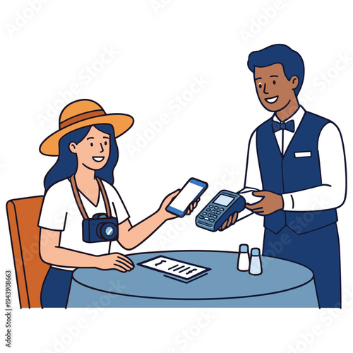 Woman hands over phone to waiter for payment at outdoor restaurant table