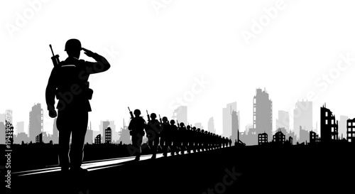 Soldiers Marching Through Ruined Cityscape Silhouette, War Aftermath Concept