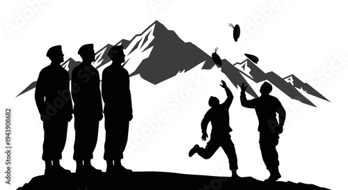 Soldiers playing catch with grenades in mountains, teamwork, military training, danger, fun