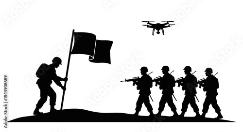 Soldiers Raising Flag with Drone Overhead - Modern Warfare and Surveillance Concept