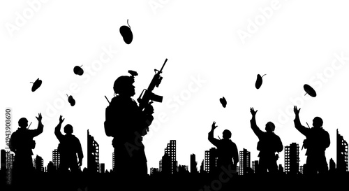Soldiers Silhouetted Against Cityscape, Throwing Grenades