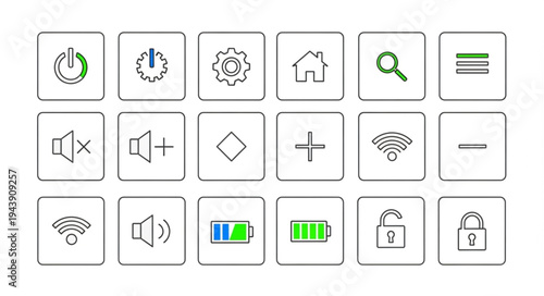 Collection of modern user interface icons for technology and digital applications.