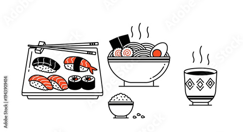 Japanese Sushi Food Icon Set Featuring Chopsticks Sushi Roll Bowl and Traditional Japanese Cuisine Illustration for Restaurant Menu Asian Food Concept