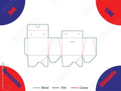Die cut template with bleed trim and crease lines on white background