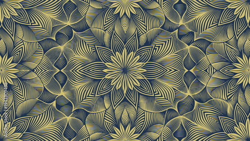 Intricate Golden Floral Mandala Pattern on Navy Background