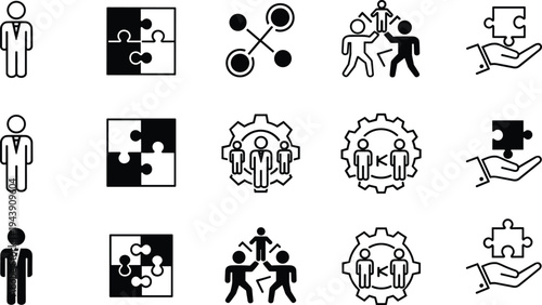 Illustrations of teamwork, collaboration, and organizational concepts with icons