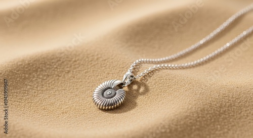 Silver Spiral Necklace on Sand Background.