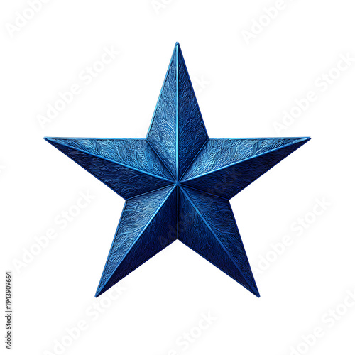 A detailed close-up of a textured, deep blue five-pointed star with a rugged surface, isolated on a clean white background.