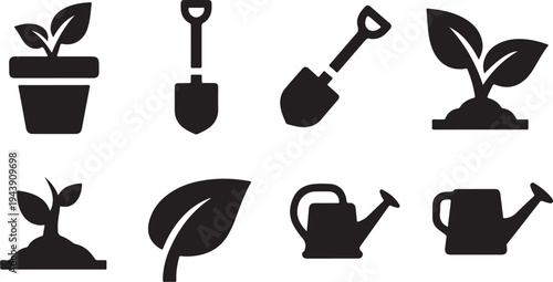 Gardening tools and plants in black silhouette icons set