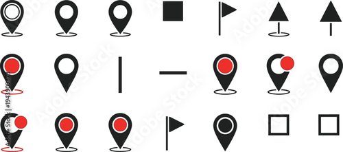 Variations of location pins and directional indicators in a minimalist icon set