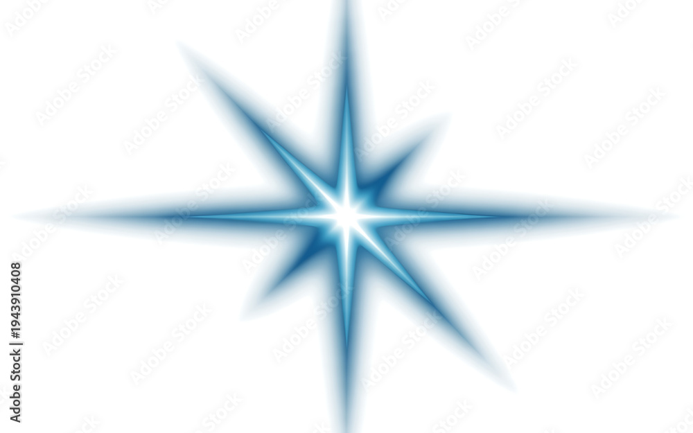 Obraz premium Bold Blue Eight-Point Starburst Light Effect with Wide Radial Rays on White Background for Dynamic and Energetic Designs