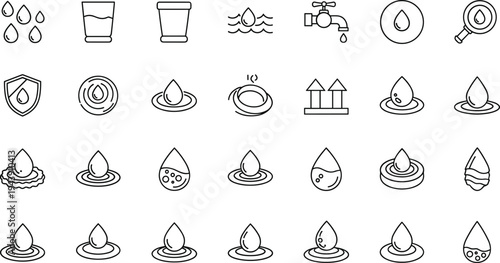 Illustrated icons representing various aspects of water sources, treatment, and conservation