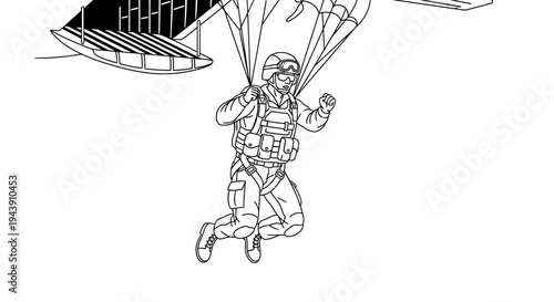 Military Paratrooper Descending with Parachute, Airborne Soldier in Action