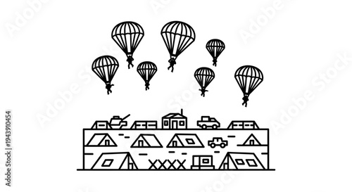 Military Paratroopers Descend on Camp with Tents, Vehicles, and Artillery