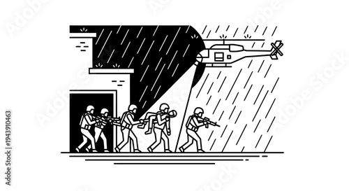 Military Rescue Operation: Soldiers Evacuate Injured Person by Helicopter in Rain