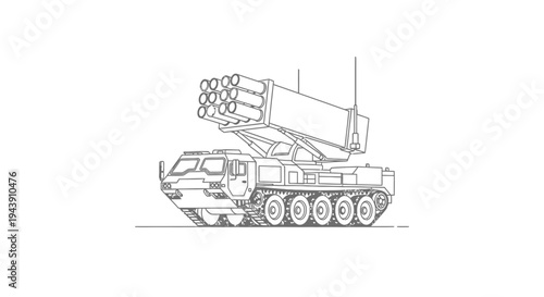 Military Rocket Launcher Vehicle on Tracks - Line Art Illustration