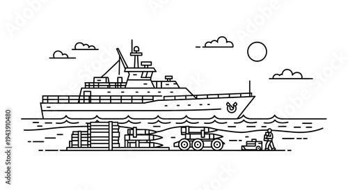 Military Ship and Missile Launchers on Dockside, Naval Warfare Concept