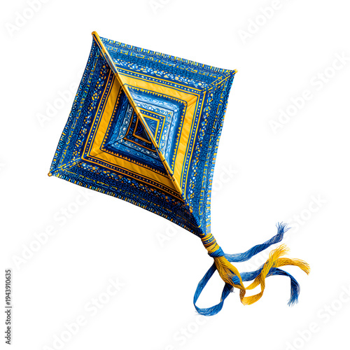 Traditional blue and yellow kite with intricate patterns, handmade decorative diamond kite with long ribbon tails, ornamental flying toy for outdoor summer festivals and family leisure isolated