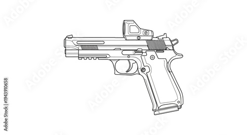 Modern Pistol with Red Dot Sight - Line Art Illustration